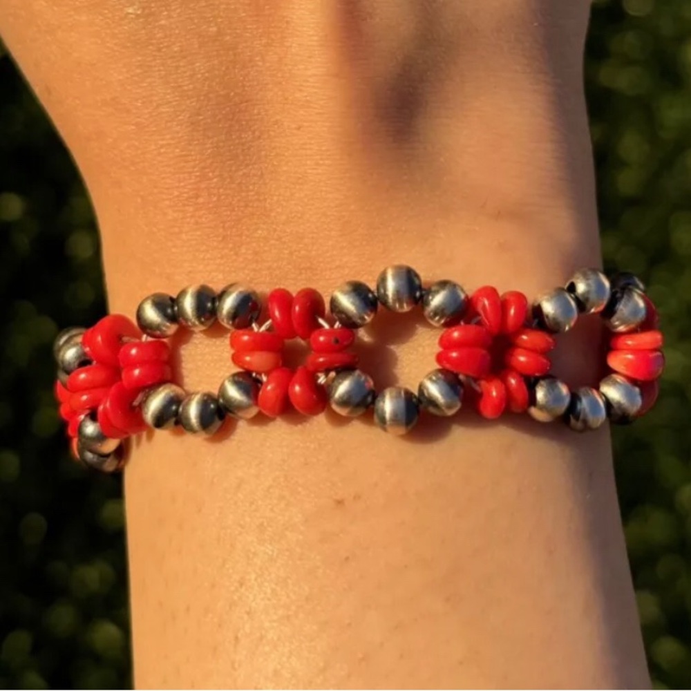 Floral Sterling Silver Red Bamboo Coral Pearls Bead Bracelet. 7 Inch